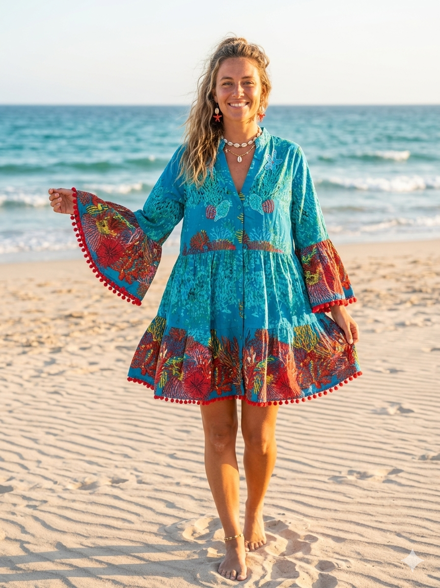 Under-the-Sea Print Tiered Boho Mini Dress