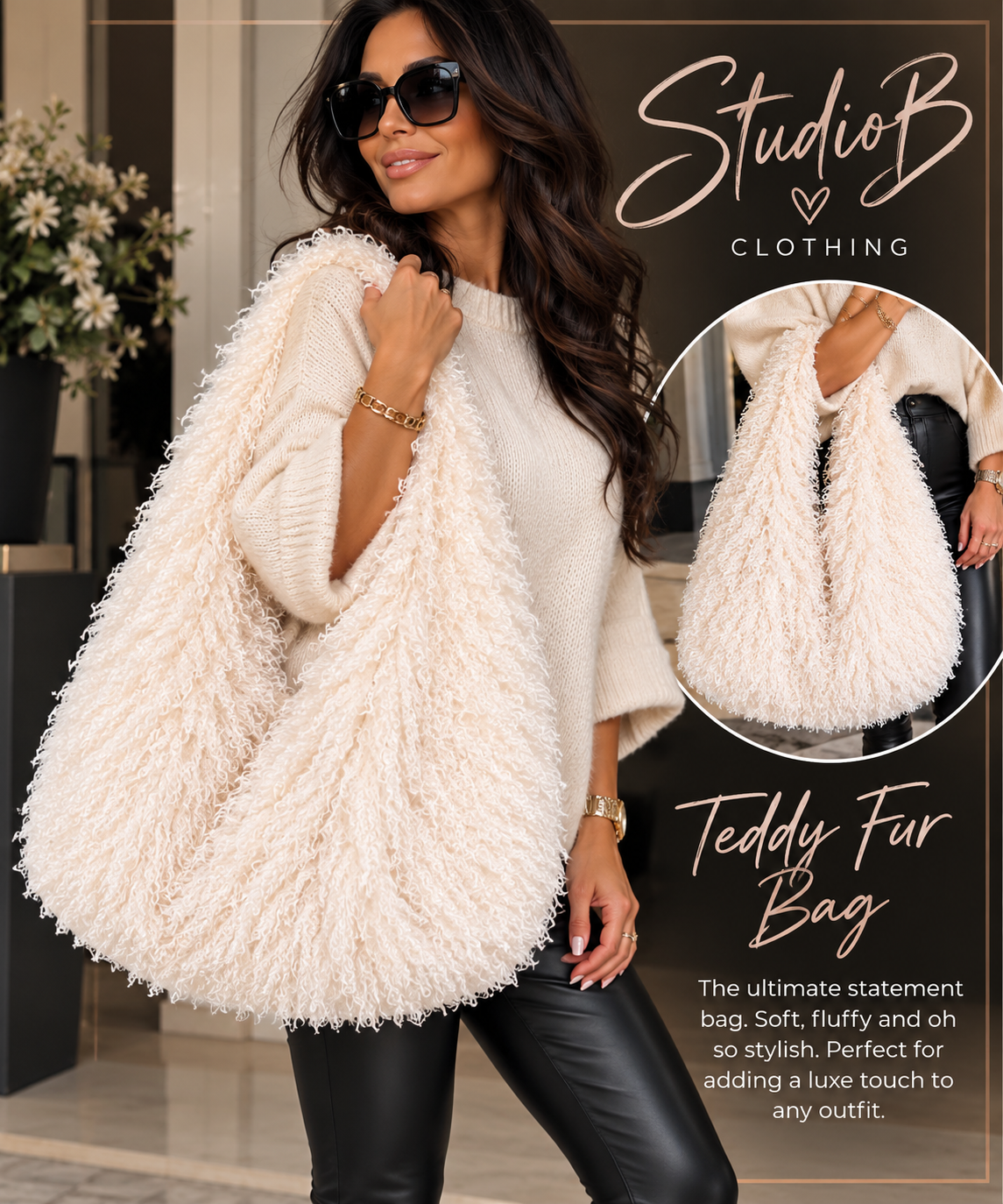 🤍 StudioB Luxe Teddy Fur Slouch Bag �