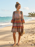 Boho Paisley Print Tiered Mini Dresses with Square Neckline and Ruffle Sleeves.