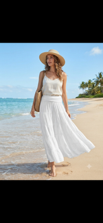 white, tiered maxi skirt with a folded-over waistband