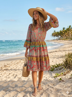Boho Paisley Print Tiered Mini Dresses with Square Neckline and Ruffle Sleeves.
