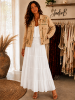 white, tiered maxi skirt with a folded-over waistband