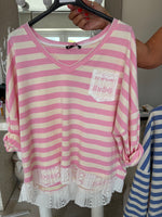 Nautical V neck lace edged top