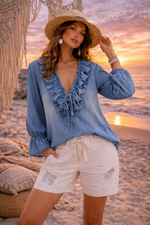 Denim Ruffle Luxe Blouse