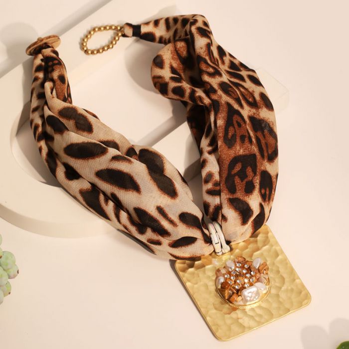 Leopard Print Necklace with Bold Gold Tone Medallion