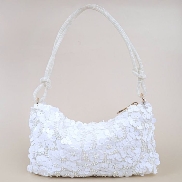 Beaded Floral Sequin Evening Bag in White