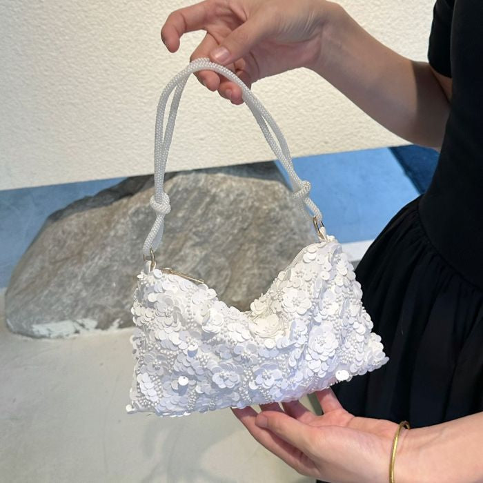 Beaded Floral Sequin Evening Bag in White