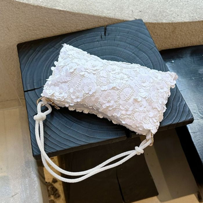 Beaded Floral Sequin Evening Bag in White