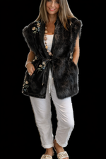 Black Velvet & Faux Fur Trim Embroidered Gilet