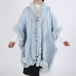 Luxurious Spring Knitted Faux Fur Trim Cape in Baby Blue