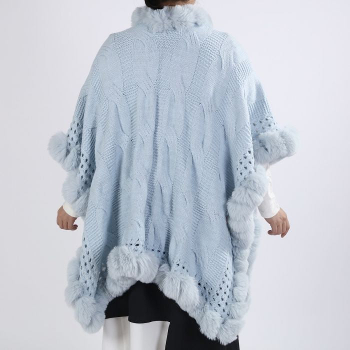 Luxurious Spring Knitted Faux Fur Trim Cape in Baby Blue