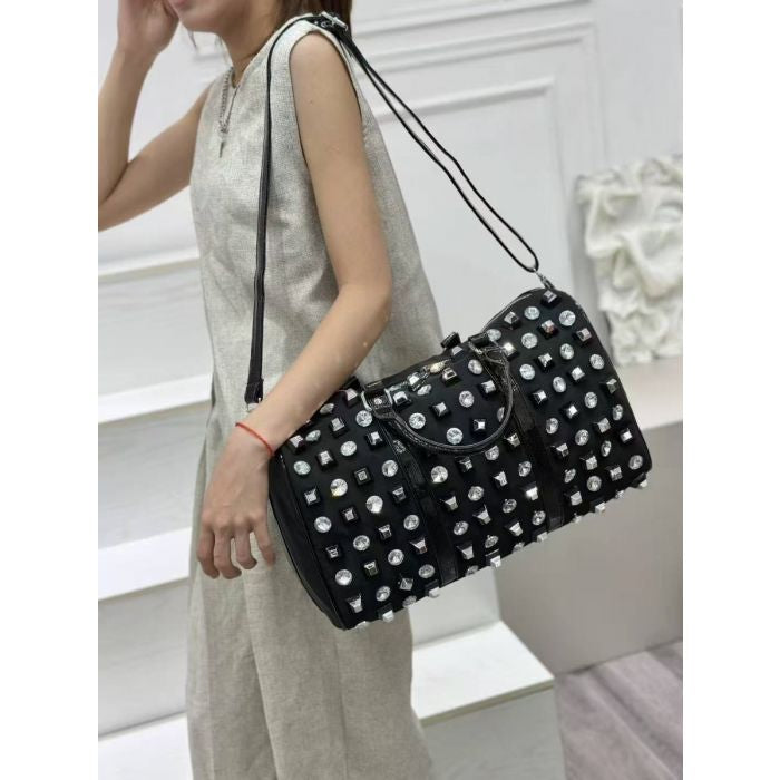 Sparkle and Edge Studded Duffle Bag in Black