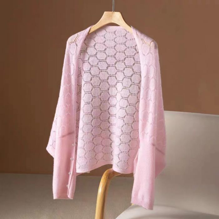 Pink Delicate Open Knit Cape with Button Detail