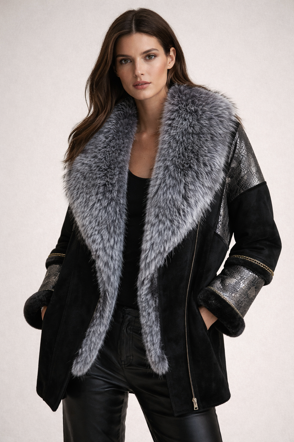 Vintage Suede & Faux Fur Coat in Black