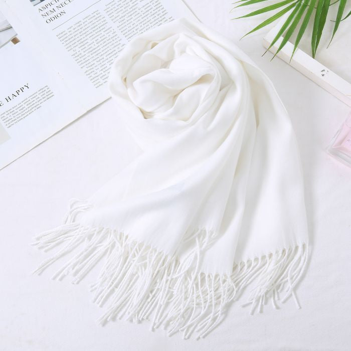 White Pashmina Scarf with Delicate Tassels