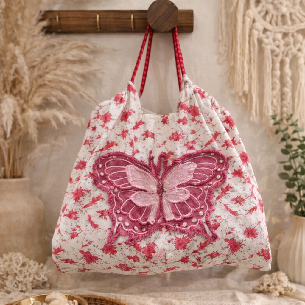 Butterfly Bliss Canvas Shopping Bag in Pink