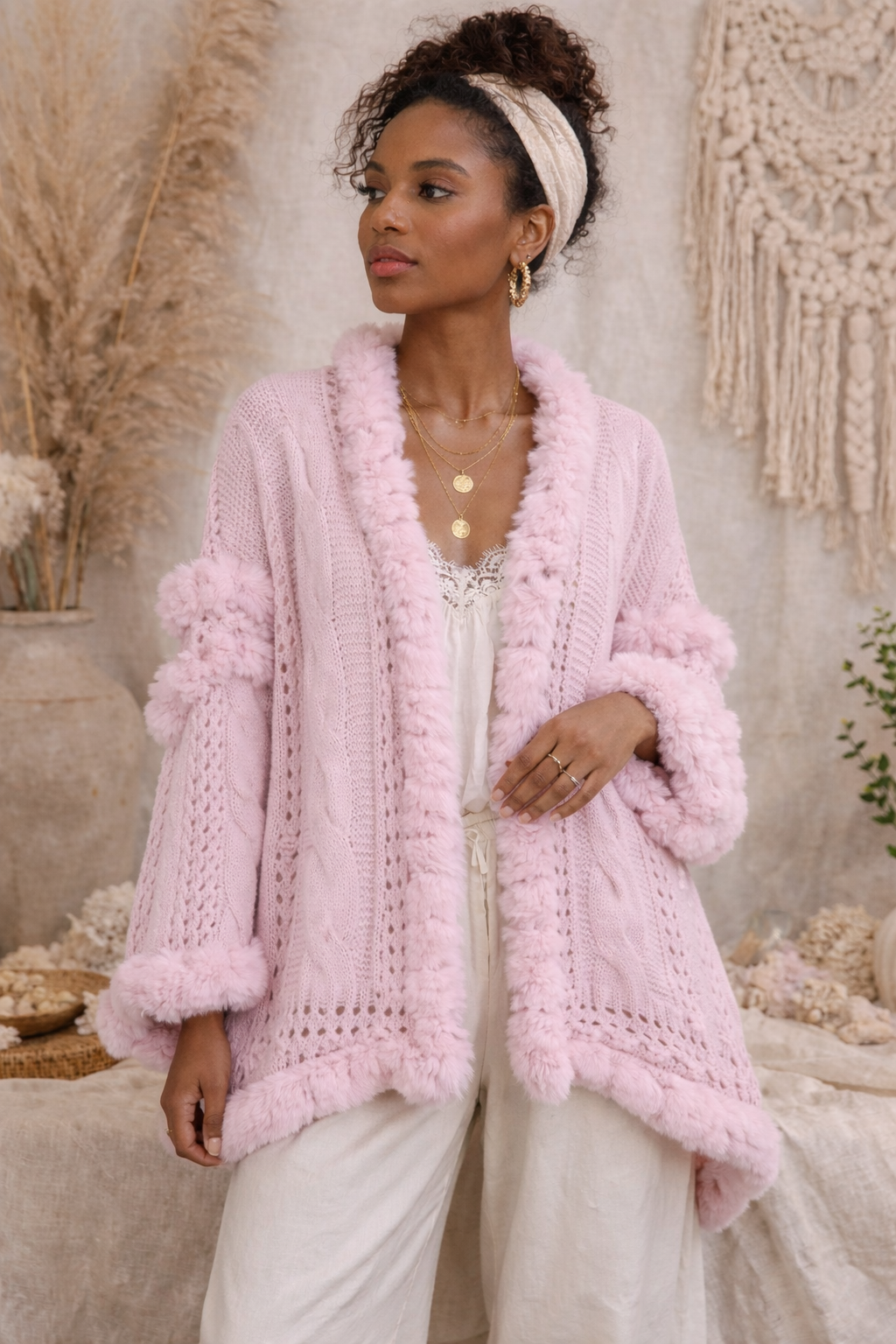 Luxurious Knitted Faux Fur Trim Cape in Baby Pink