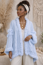 Luxurious Spring Knitted Faux Fur Trim Cape in Baby Blue