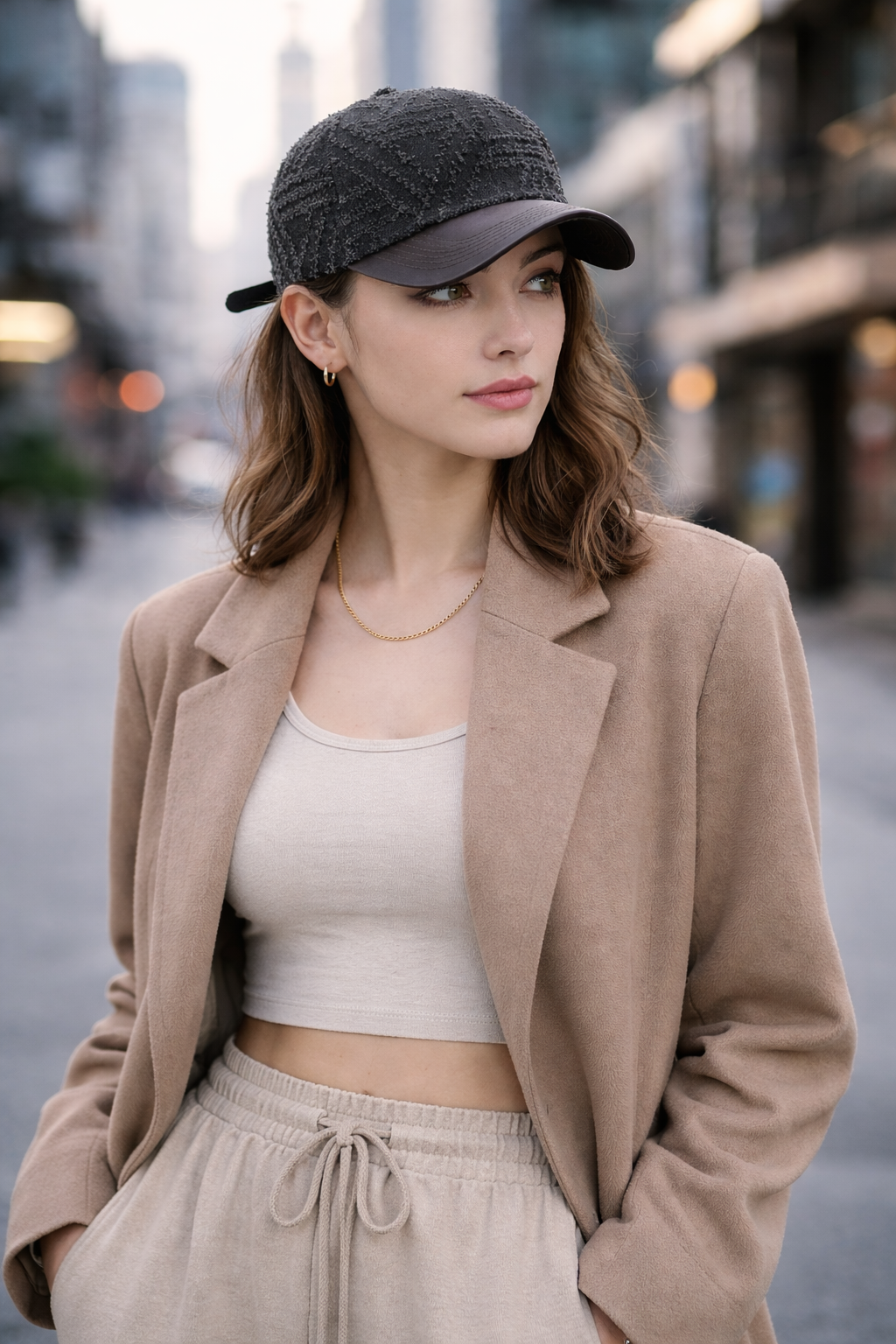 Textured Denim Cap with Brown Visor