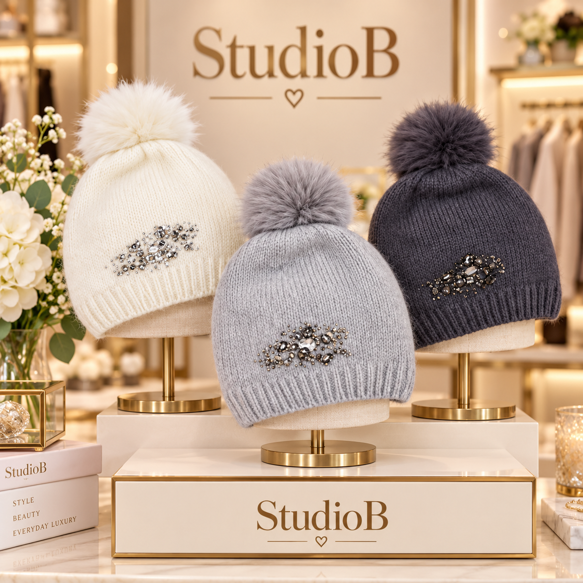 ✨ Crystal Luxe Pom Pom Beanie ✨