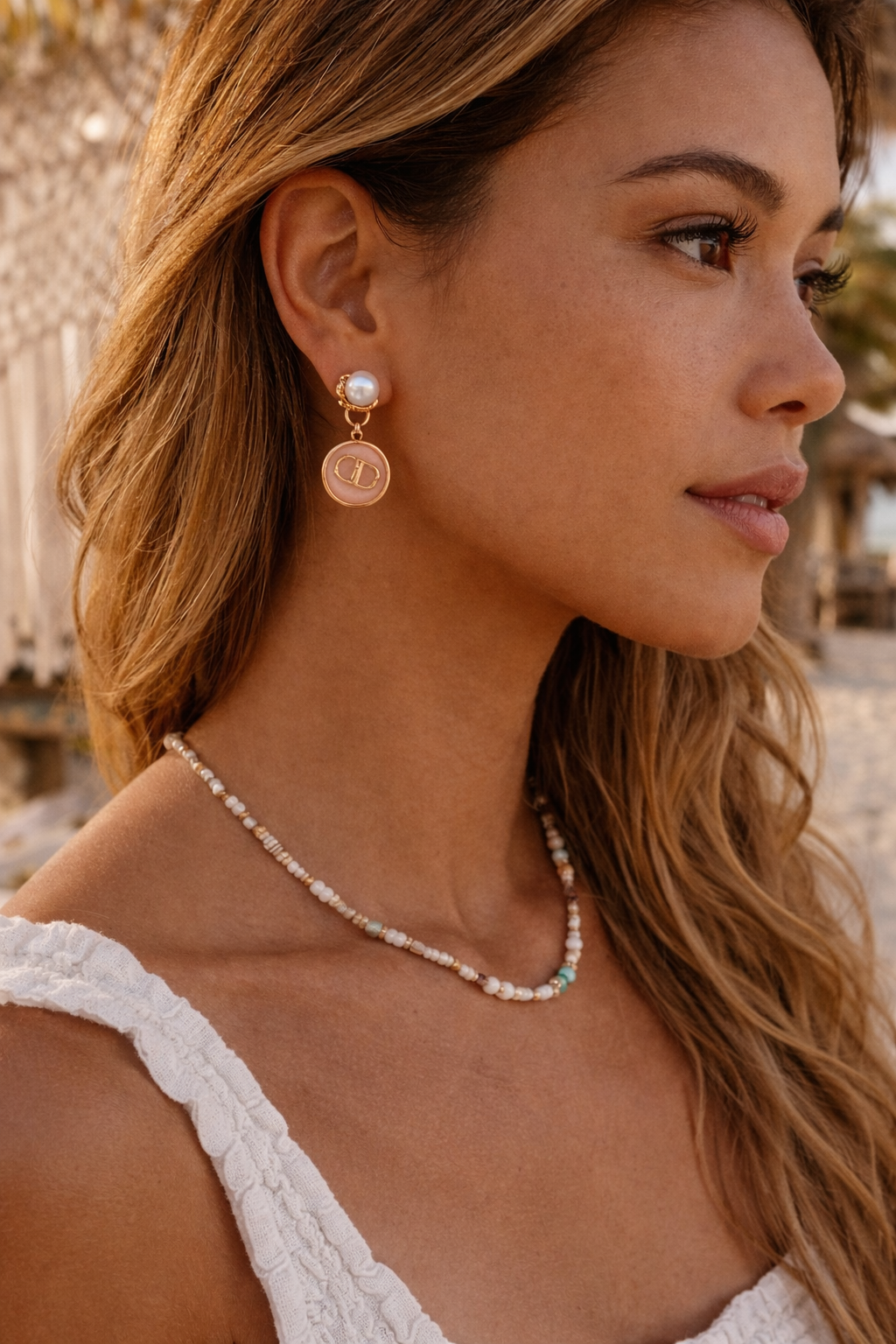 Blush Pearl Bee & Monogram Drop Earrings